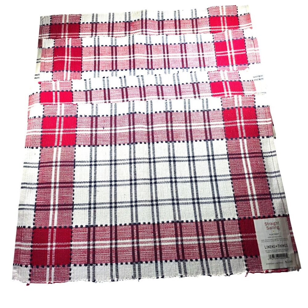 Set of 4 placemats Red White Plaid Cotton Straight Sailing Linens N Things